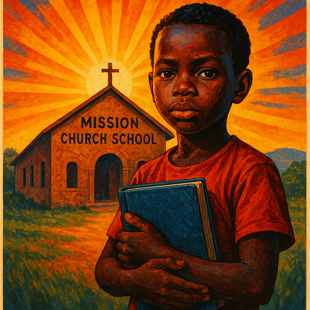 "A powerful illustration of a Nigerian child holding a book in front of a mission church school, sunrise in the background, symbolic of education and hope, vivid colors, poster style"