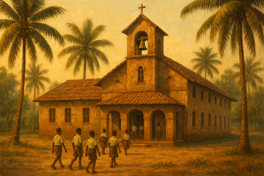 "A powerful illustration of a Nigerian child holding a book in front of a mission church school, sunrise in the background, symbolic of education and hope, vivid colors, poster style"